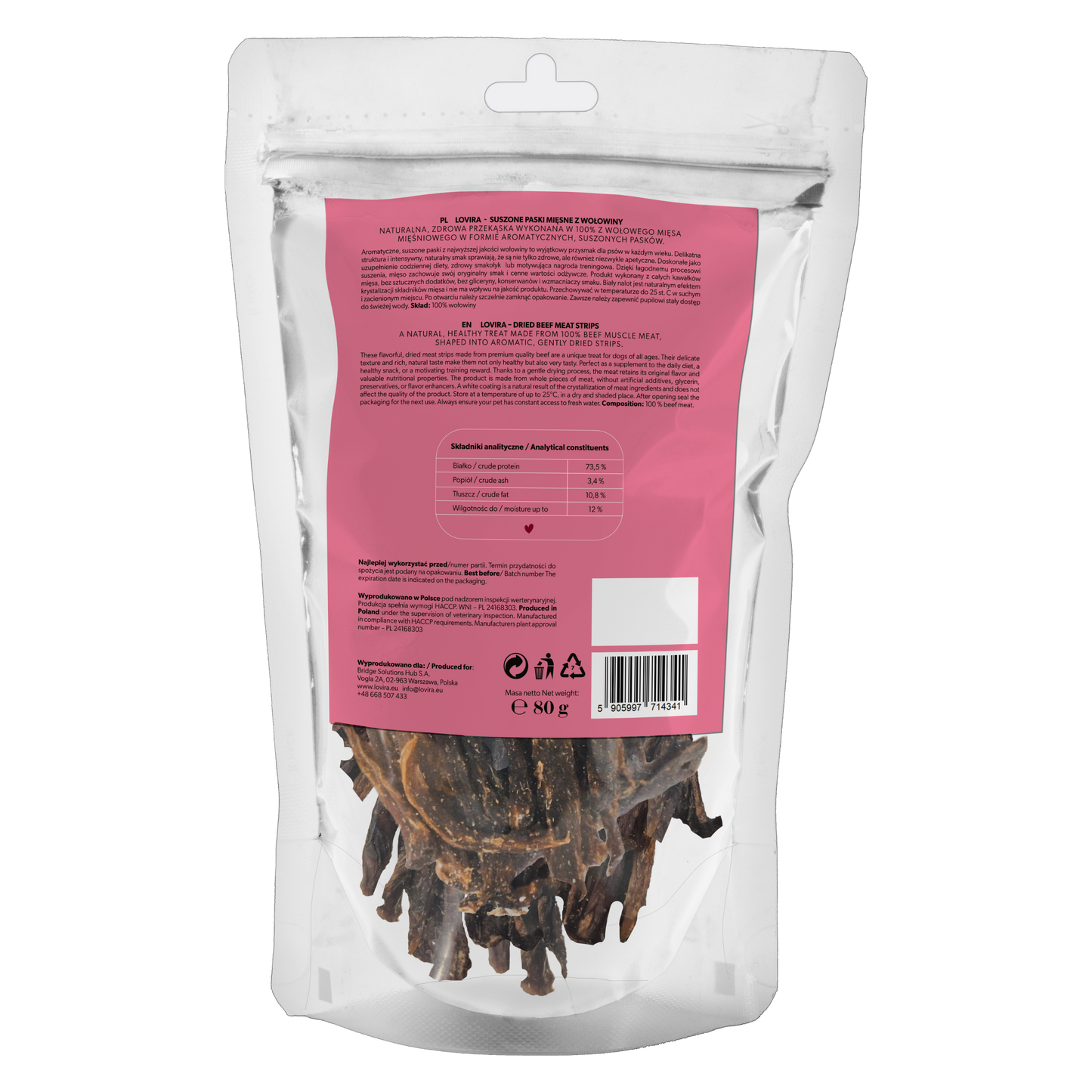 Snack naturale per cane – strisce essiccate di manzo 80 g