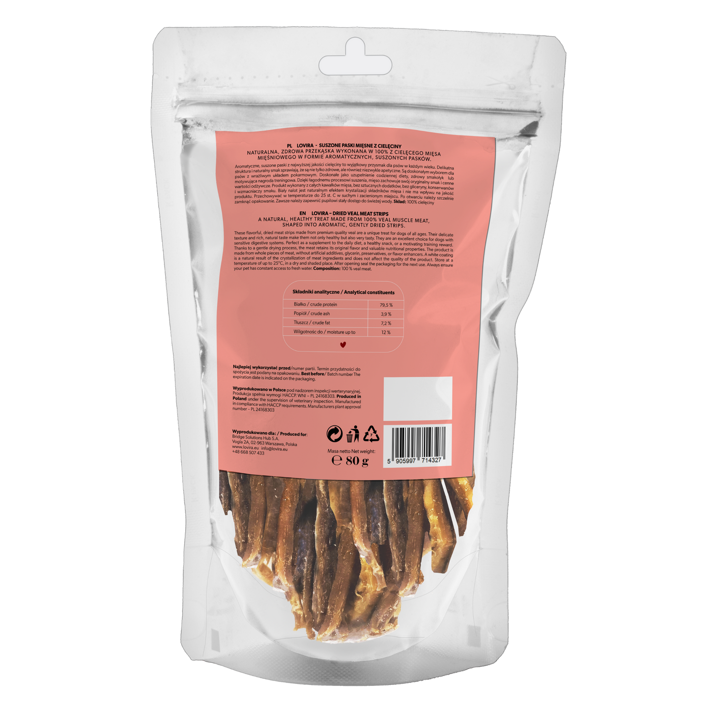 Premio natural para perro – tiras deshidratadas de ternera lechal 80 g