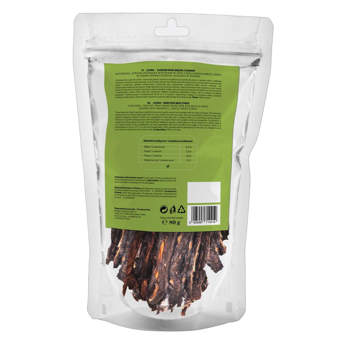 Friandise naturelle pour chien – lanières séchées de chevreuil 80 g
