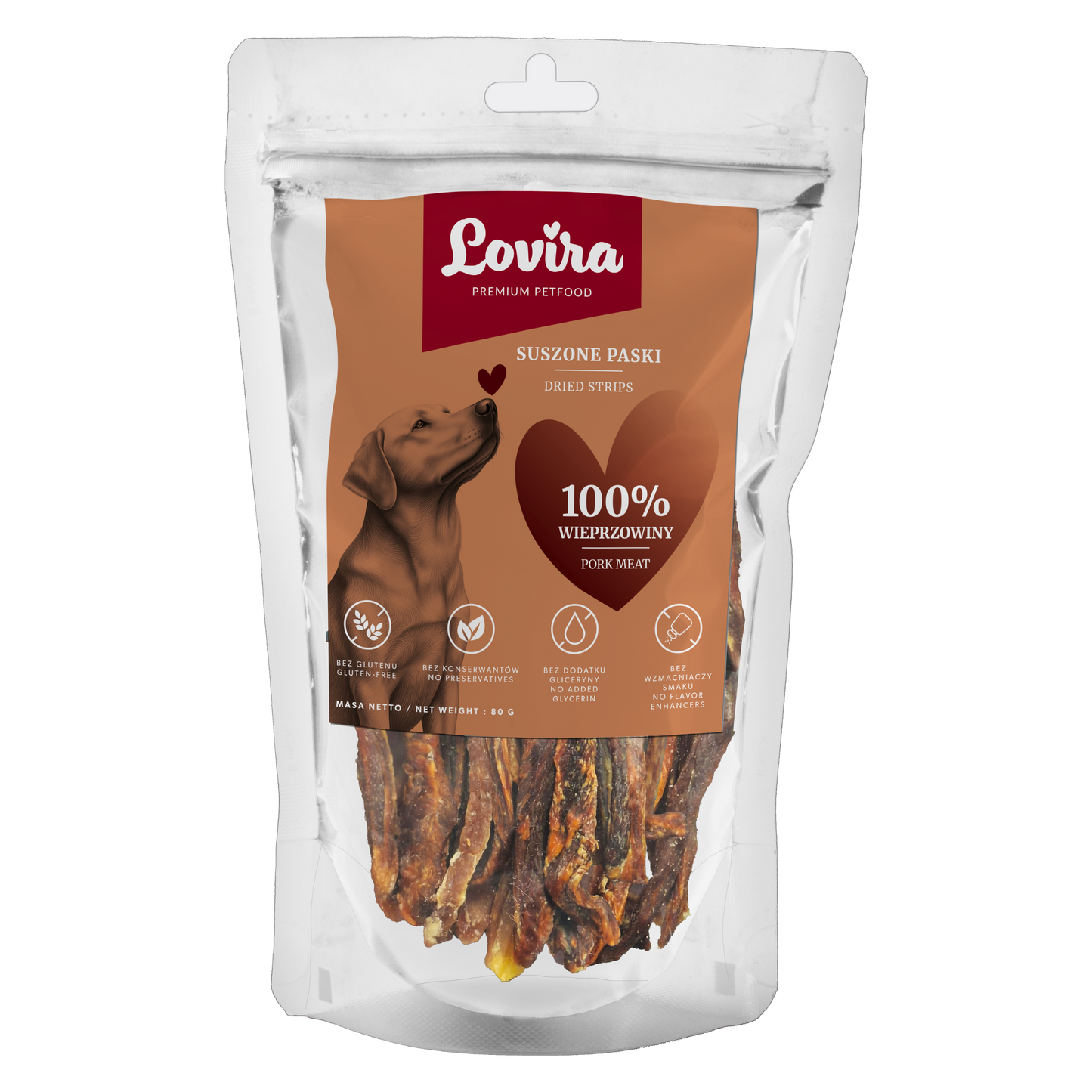 Naturalny przysmak dla psa – paski suszonej wieprzowiny 80g