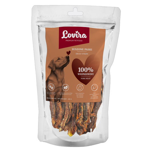Naturalny przysmak dla psa – paski suszonej wieprzowiny 80g