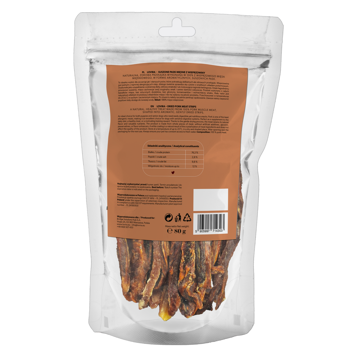 Naturalny przysmak dla psa – paski suszonej wieprzowiny 80g