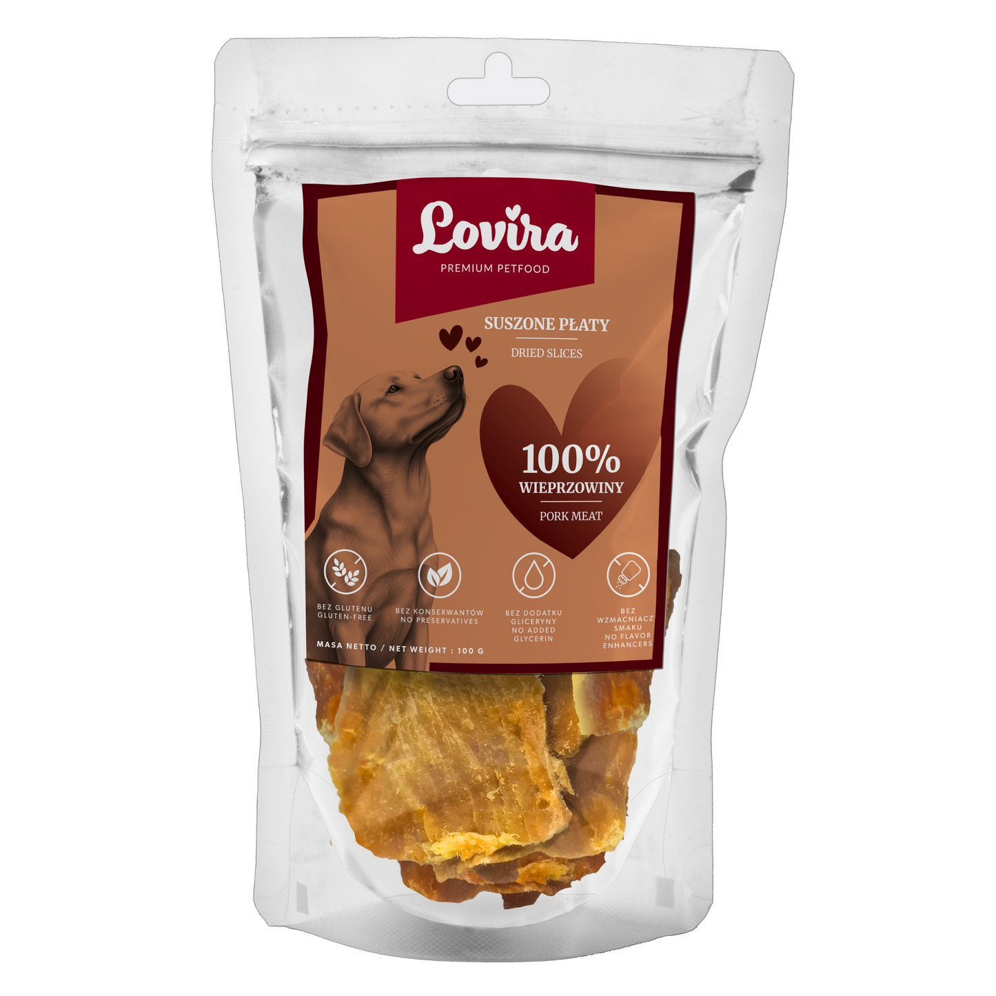 Naturalny przysmak dla psa – płaty suszonej wieprzowiny 100g