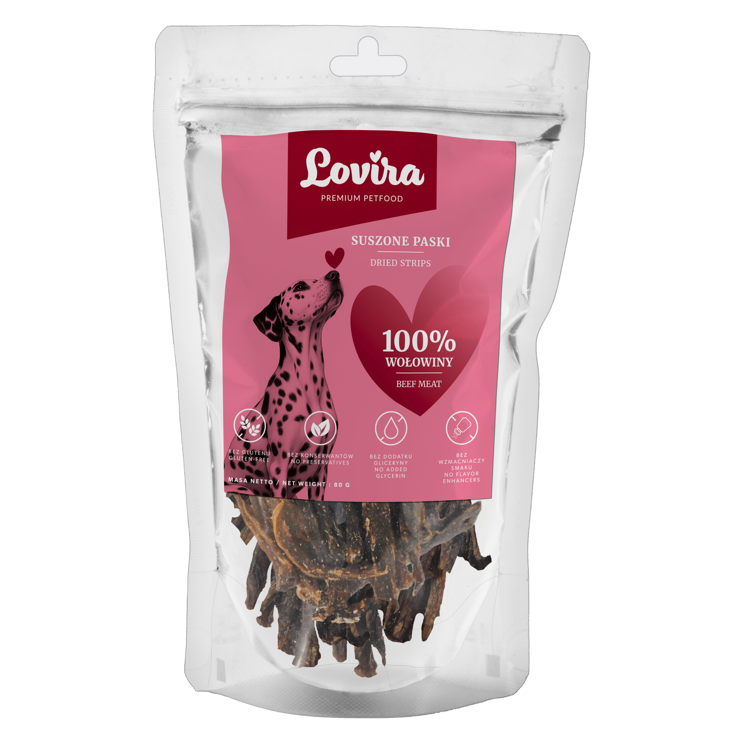 Naturalny przysmak dla psa – paski suszonej wołowiny 80g