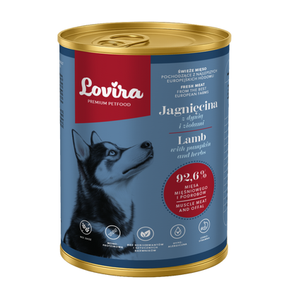 Zestaw 6 puszek karmy mokrej dla psa z jagnięciny 2,4 kg - monobiałkowa, hipoalergiczna karma Lovira