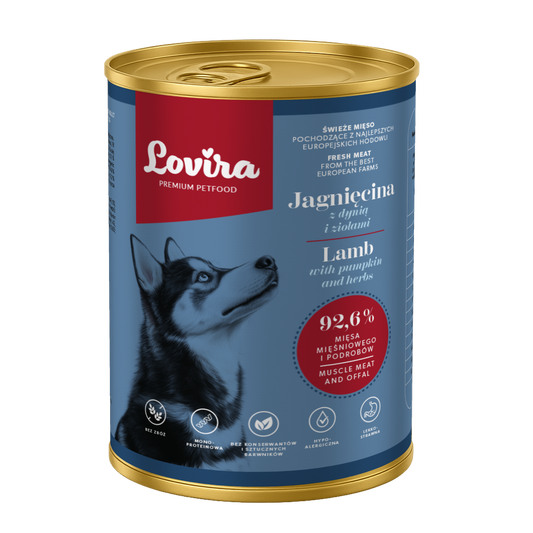 Zestaw 6 puszek karmy mokrej dla psa z jagnięciny 2,4 kg - monobiałkowa, hipoalergiczna karma Lovira