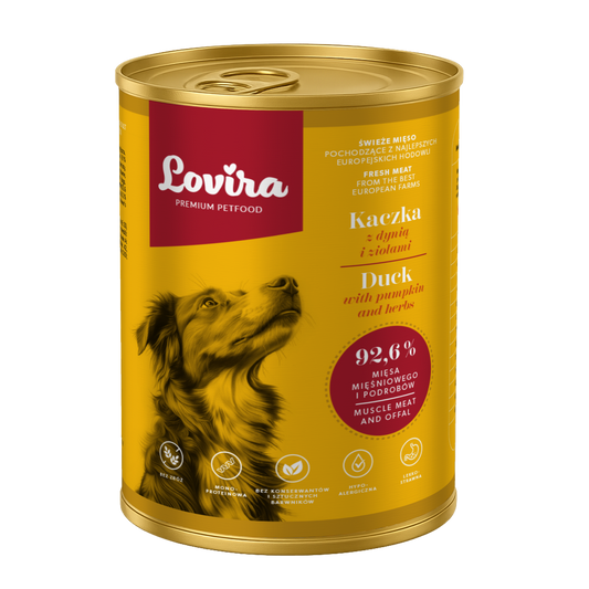Zestaw 6 puszek karmy mokrej dla psa z kaczki 2,4 kg - monobiałkowa, hipoalergiczna karma Lovira