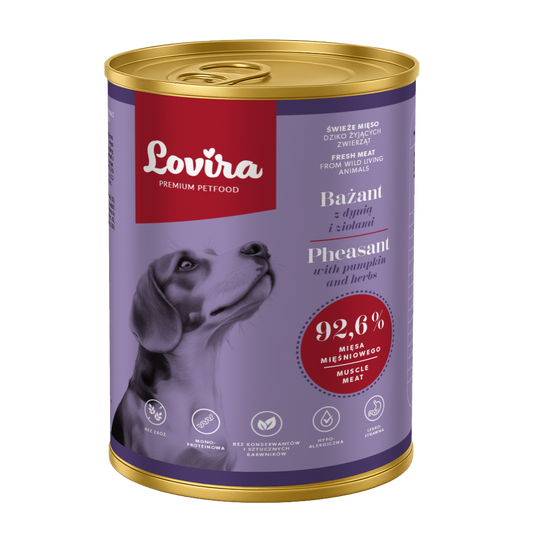 Zestaw 6 puszek karmy mokrej dla psa z bażanta 2,4 kg - monobiałkowa, hipoalergiczna karma Lovira