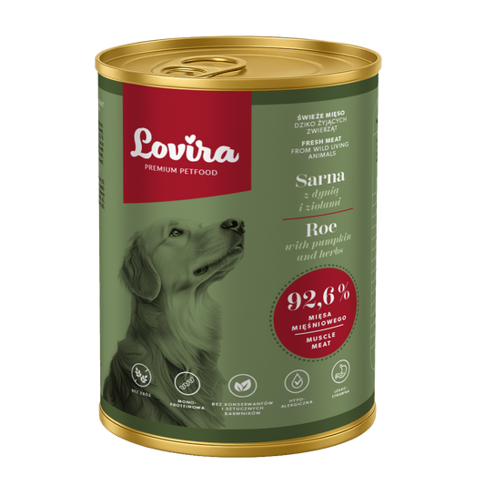 Zestaw 6 puszek karmy mokrej dla psa z sarny 2,4 kg - monobiałkowa, hipoalergiczna karma Lovira