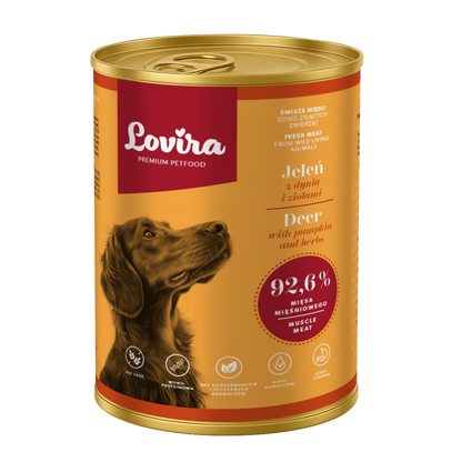 Zestaw 6 puszek karmy mokrej dla psa z jelenia 2,4 kg - monobiałkowa, hipoalergiczna karma Lovira