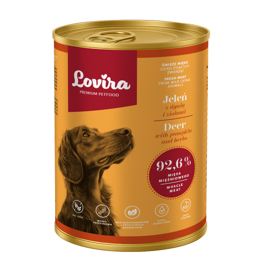 Zestaw 6 puszek karmy mokrej dla psa z jelenia 2,4 kg - monobiałkowa, hipoalergiczna karma Lovira