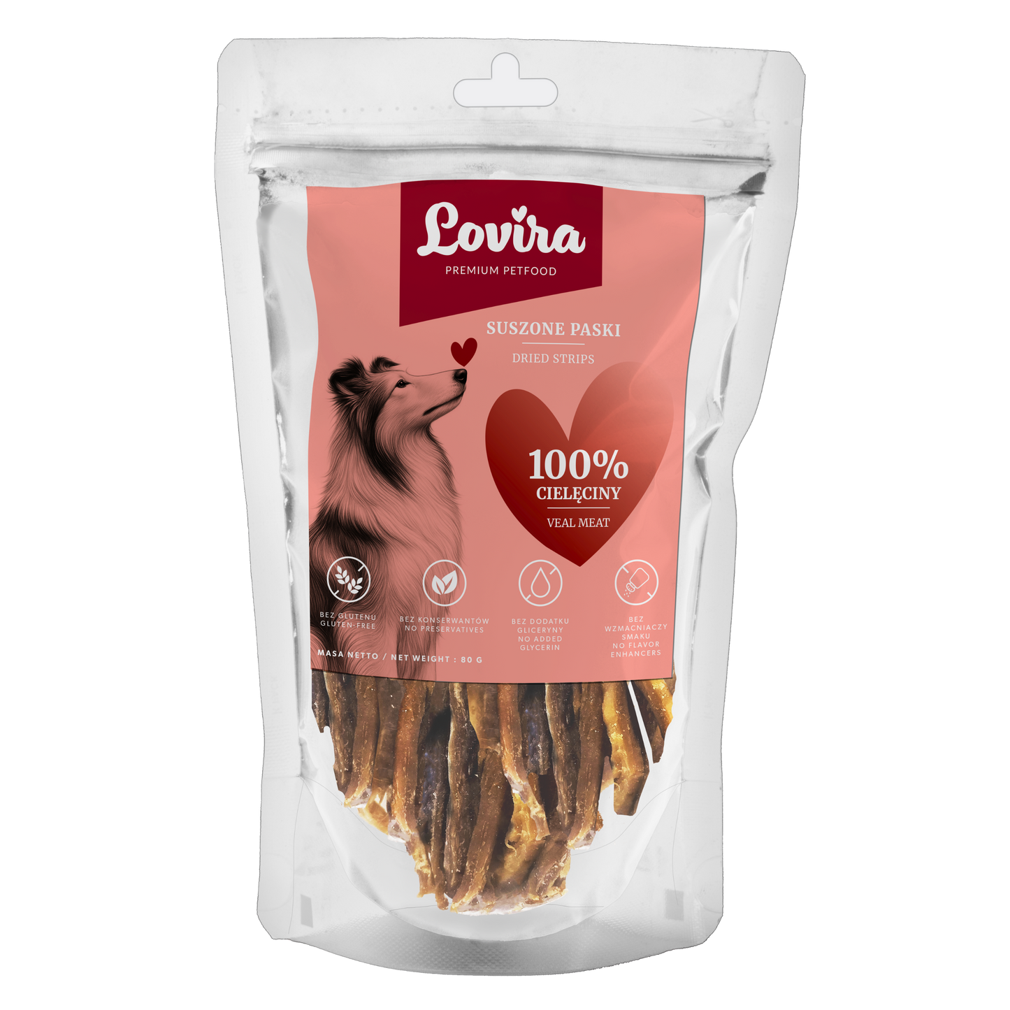 Naturalny przysmak dla psa – paski suszonej cielęciny 80g