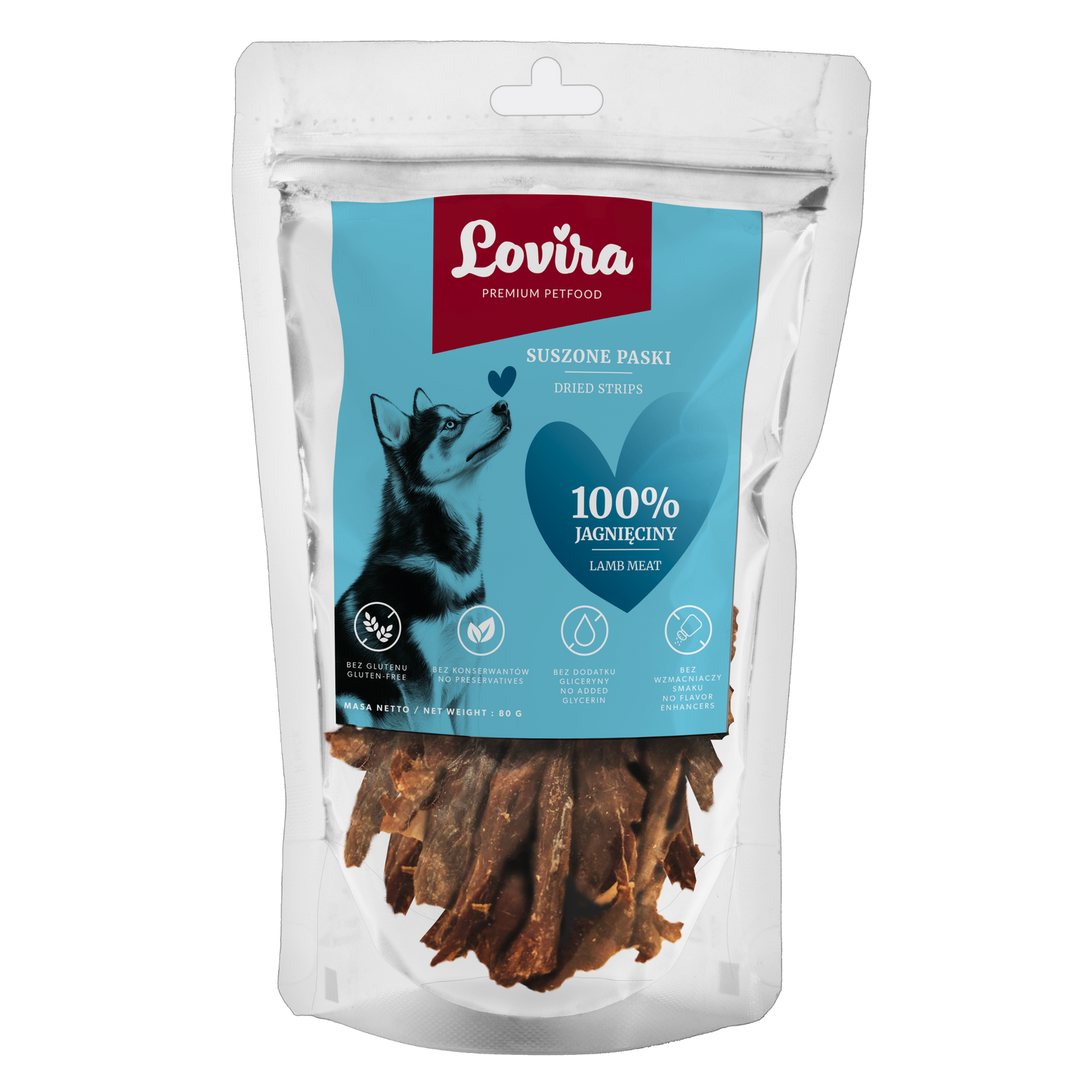 Naturalny przysmak dla psa – paski suszonej jagnięciny 80g