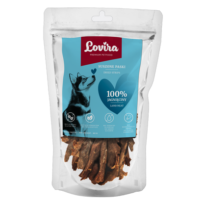 Naturalny przysmak dla psa – paski suszonej jagnięciny 80g