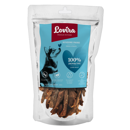 Naturalny przysmak dla psa – paski suszonej jagnięciny 80g