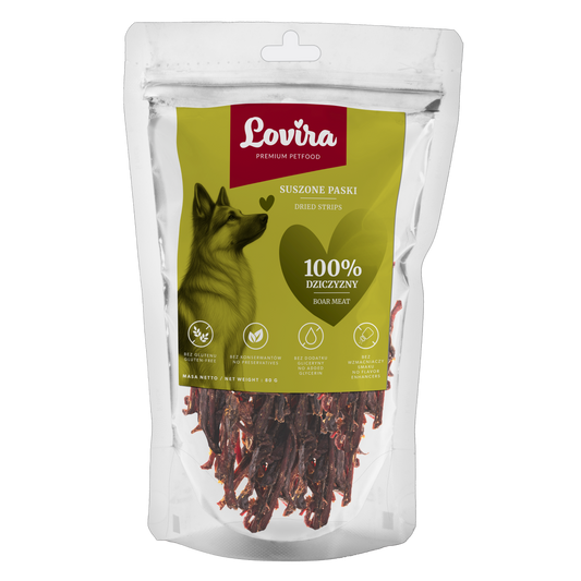 Naturalny przysmak dla psa – paski suszonej dziczyzny 80g