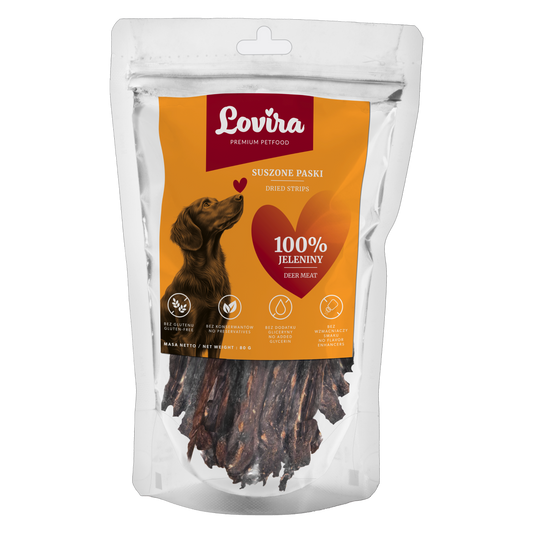 Naturalny przysmak dla psa – paski suszonego jelenia 80g