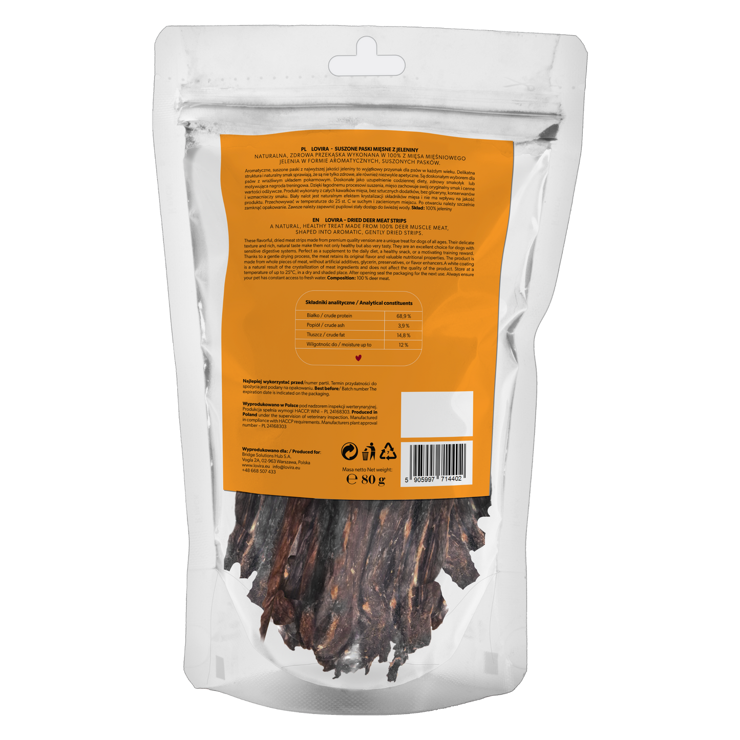 Naturalny przysmak dla psa – paski suszonego jelenia 80g