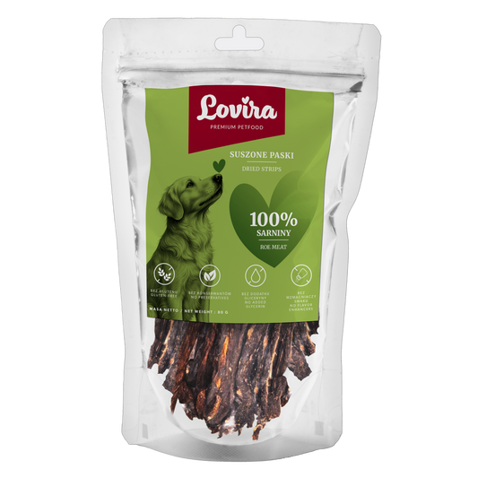 Naturalny przysmak dla psa – paski suszonej sarny 80g