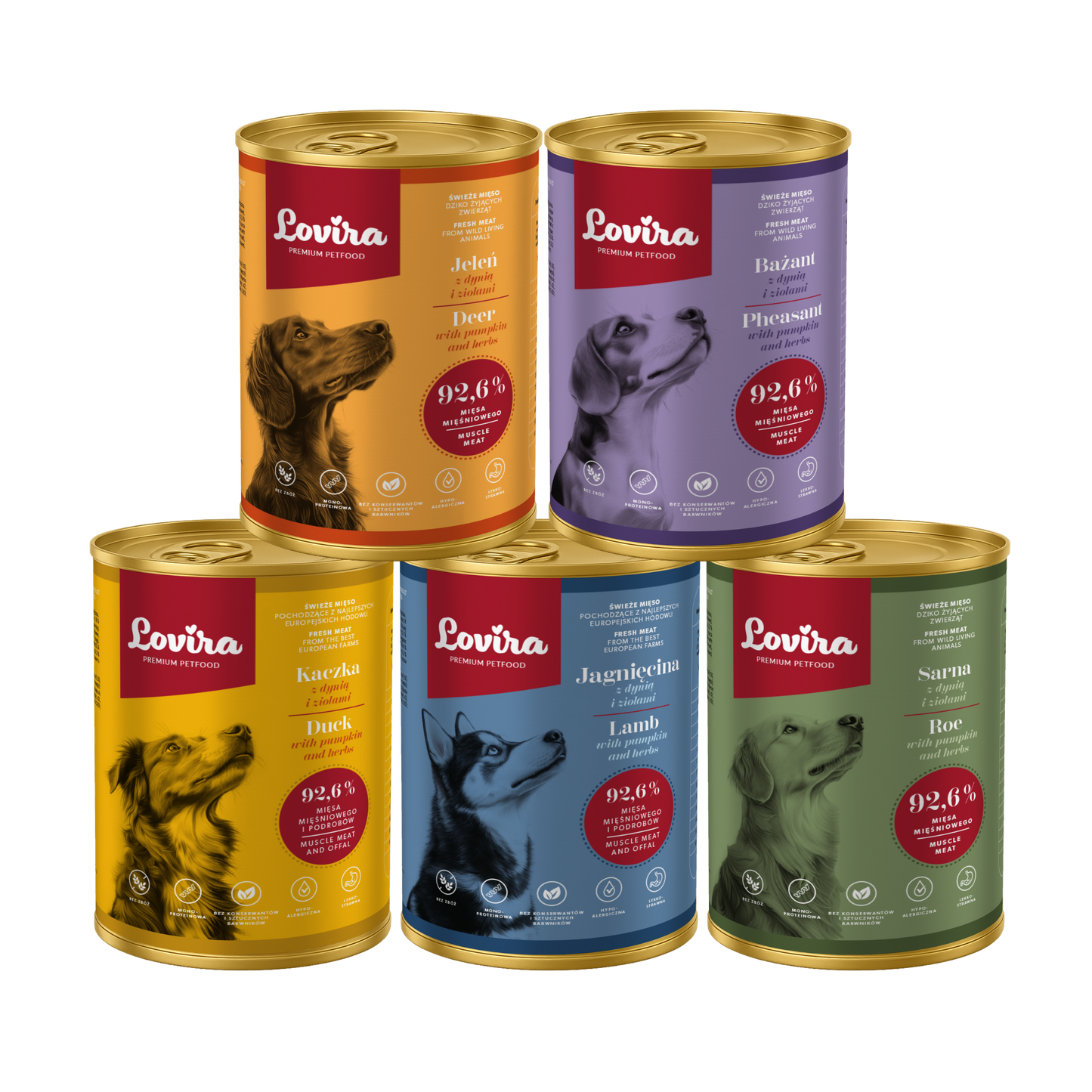 Zestaw 5 puszek karmy mokrej dla psa 2 kg – MIX smaków, monobiałkowa, hipoalergiczna karma Lovira