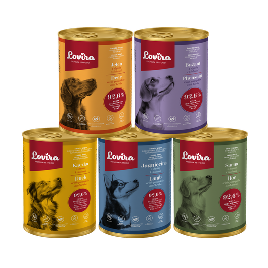 Zestaw 5 puszek karmy mokrej dla psa 2 kg – MIX smaków, monobiałkowa, hipoalergiczna karma Lovira