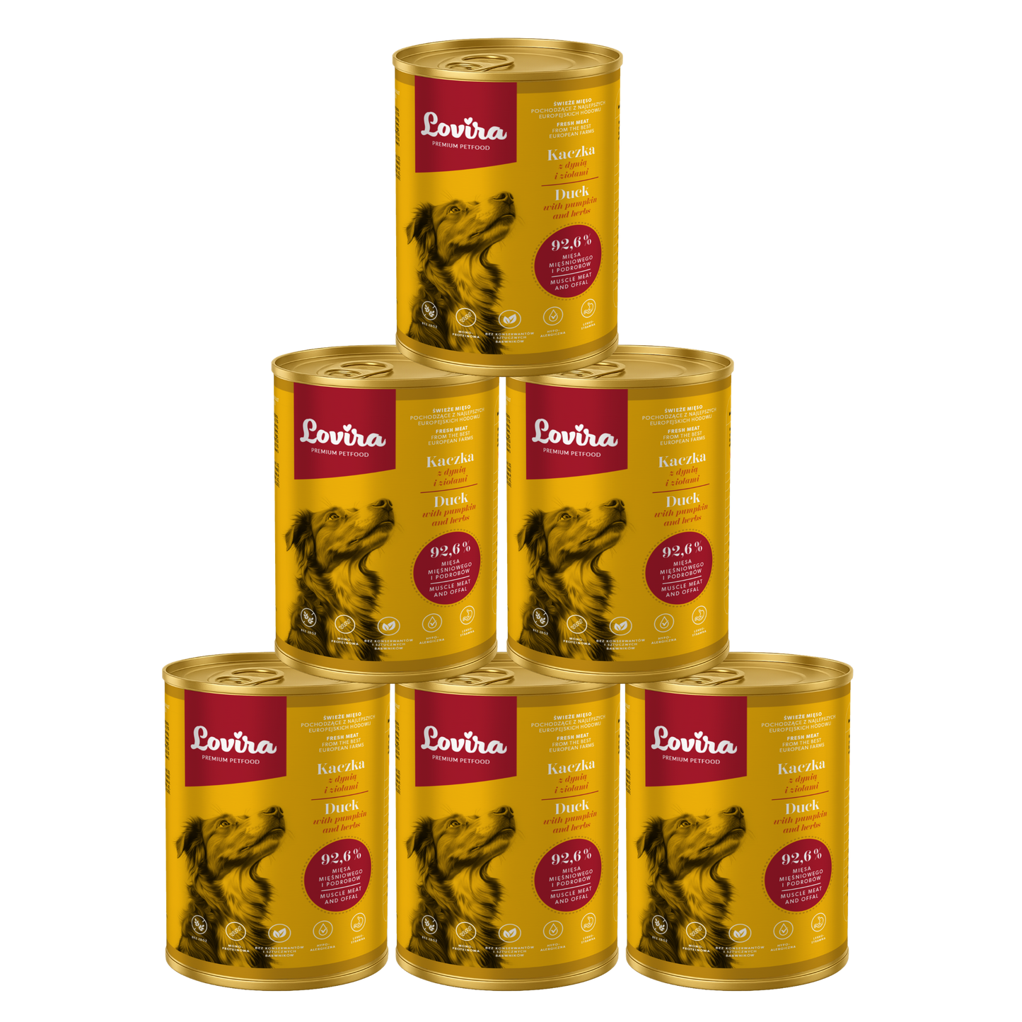 Zestaw 6 puszek karmy mokrej dla psa z kaczki 2,4 kg - monobiałkowa, hipoalergiczna karma Lovira