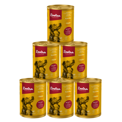 Zestaw 6 puszek karmy mokrej dla psa z kaczki 2,4 kg - monobiałkowa, hipoalergiczna karma Lovira