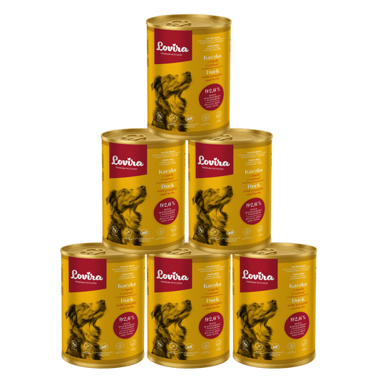 Zestaw 6 puszek karmy mokrej dla psa z kaczki 2,4 kg - monobiałkowa, hipoalergiczna karma Lovira