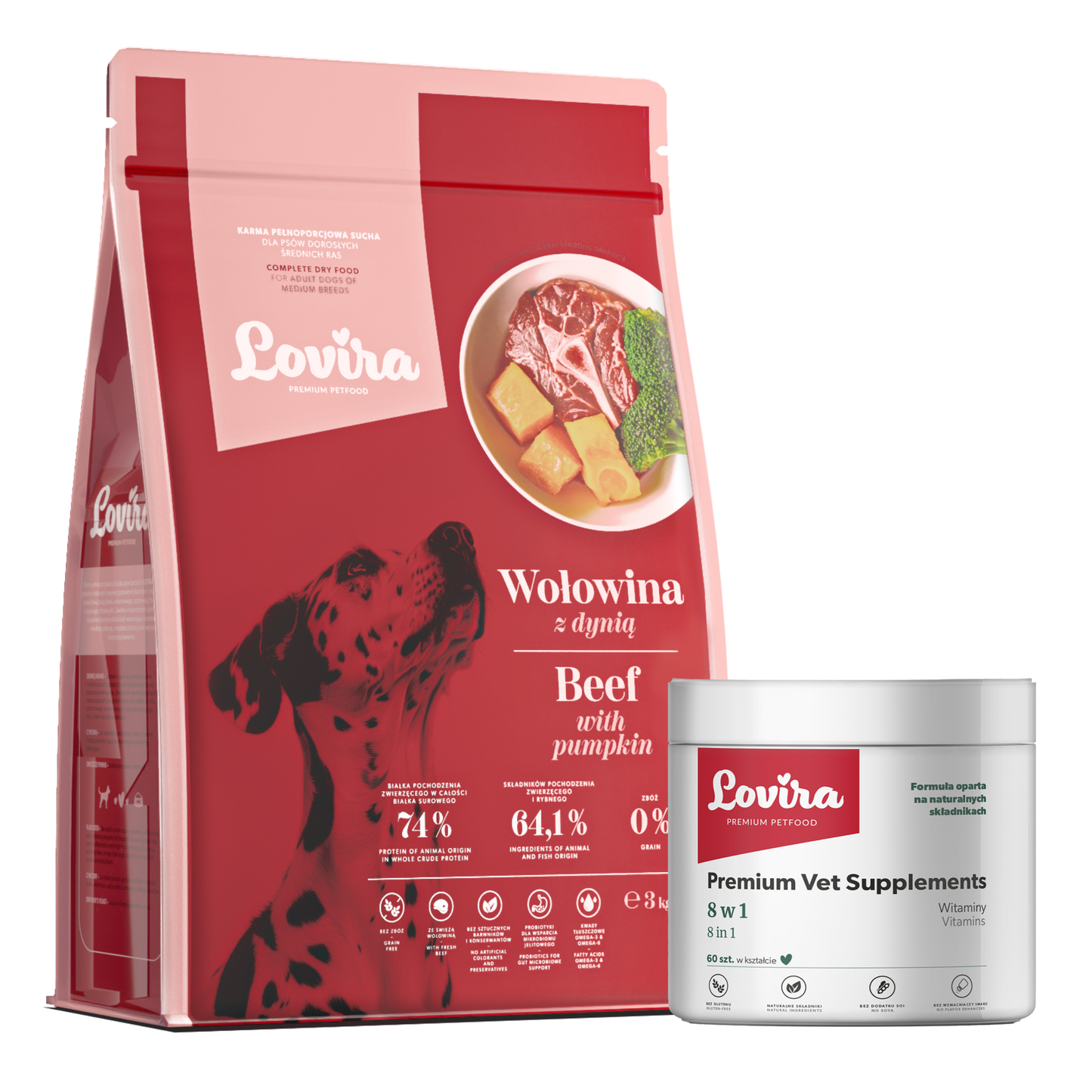 Zestaw sucha karma dla psa z wołowiną 3kg + suplement dla psa witaminy 8w1 180g