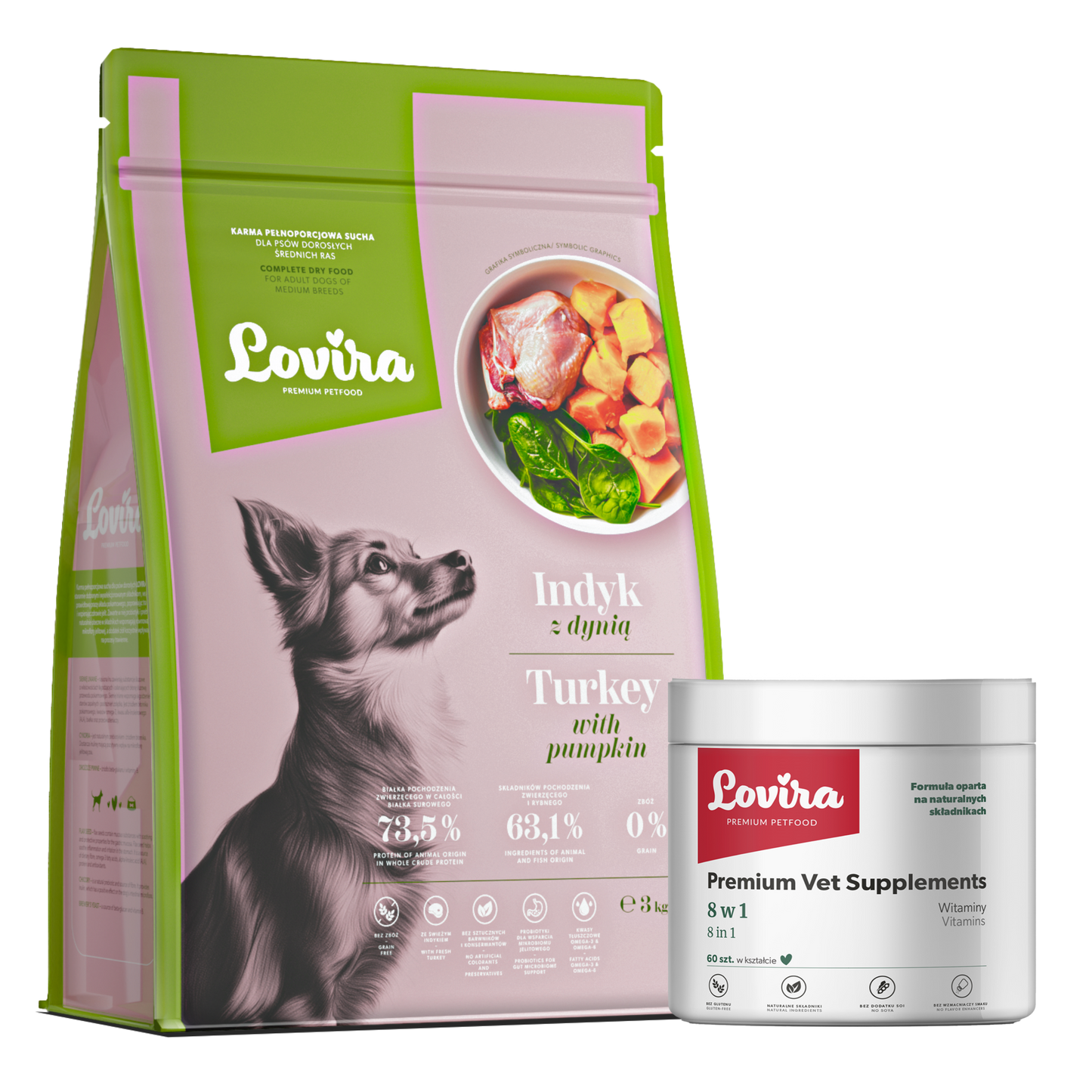 Zestaw sucha karma dla psa z indyka 3kg + suplement dla psa witaminy 8w1 180g