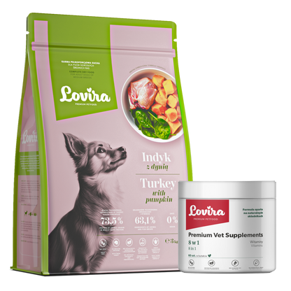 Zestaw sucha karma dla psa z indyka 3kg + suplement dla psa witaminy 8w1 180g