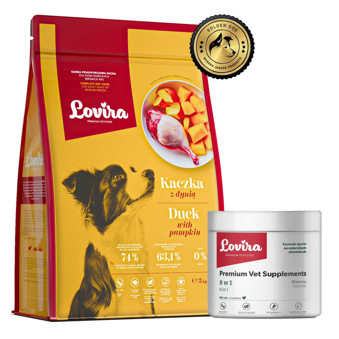 Zestaw sucha karma dla psa z kaczką 3kg + suplement dla psa witaminy 8w1 180g