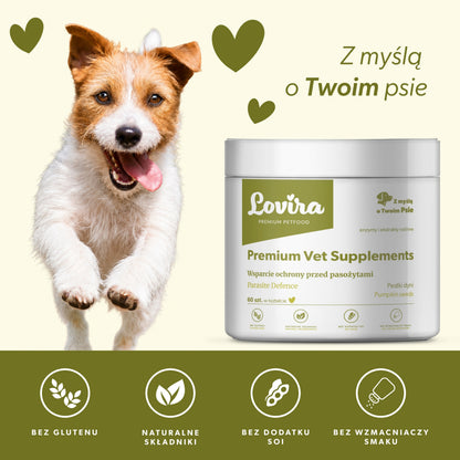 Suplement wspierający ochronę przed pasożytami u psa – miękkie kąski 180g